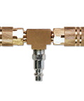 Two Way T Style Air Manifold With Industrial 6 Ball Brass Couplers And One Quarter Inch Input Corrosion Resistant Build