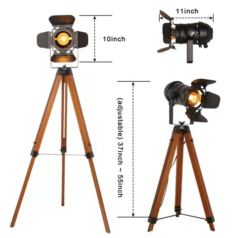 Retro Industrial Tripod Floor Lamp With Black Metal Frame And Natural Wood Legs, Adjustable Height, Stage Light Style Head