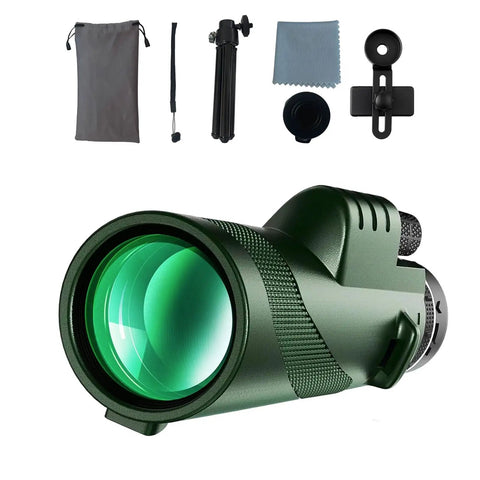 80x100 High Powered Monocular Telescope With Smartphone Adapter For Adults Dope Crystal Clear HD View, green telescope with accessories
