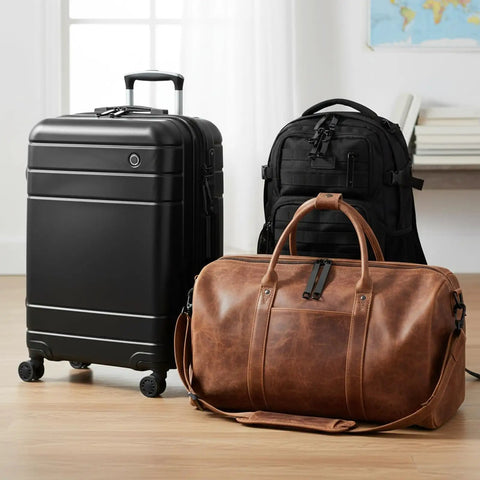 Black suitcase, black backpack, and brown leather duffel bag on wooden floor in front of white wall and map.