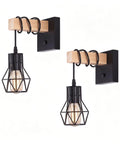 BANGANMA 2 Pack Farmhouse Wall Sconces, Hardwired E26 Wood Cage for Bedroom, featuring black metal cages and wooden mounts.