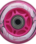 Close-up of Pink LED Inline Skate Replacement Wheel, 70mm, 82A Hardness with ABEC7 Bearing, featuring magnetic lights.