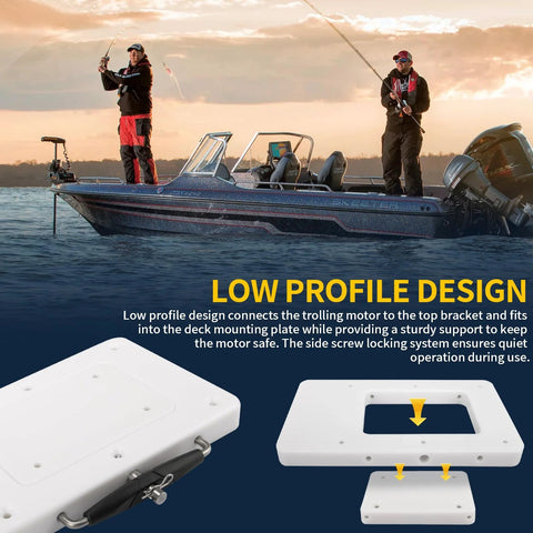 Quick Release Trolling Motor Mount Bracket For Ulterra Terrova PowerDrive V2 Riptide ST SP Deckhand 40 Electric Steer Mounting Plate 1854017 RTA 17 White No Fuss Quick Install Built Rock Solid with boat and anglers fishing in background