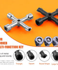 13 Piece All-In-One Heavy-Duty Utility Kit With 4 Way Spanner, Square Keys, Water Tap And Faucet Keys For Radiators, Gas And Electric Meter Boxes Durable Brass Construction, showing silver and black cross-shaped tools