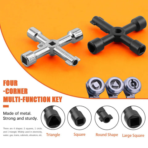 13 Piece All-In-One Heavy-Duty Utility Kit With 4 Way Spanner, Square Keys, Water Tap And Faucet Keys For Radiators, Gas And Electric Meter Boxes Durable Brass Construction, showing silver and black cross-shaped tools