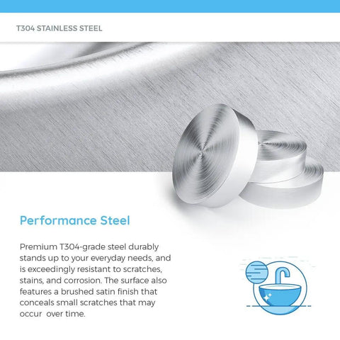 Detailed view of 304 stainless steel surface, showcasing brushed-satin finish and durability description for sinks and fixtures.