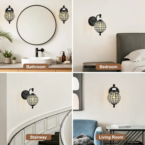 Lumestary 1 Piece Black Crystal Globe Wall Sconce, 1-Light Matte Black Finish Wall Sconce for Bathroom Bedroom Living Room in multiple settings.