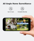 Smartphone displaying Wireless Outdoor Security Camera System 4 Camera Kit With Local Storage No Subscription 360 Degree PTZ