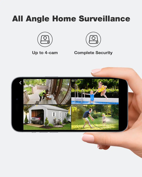 Smartphone displaying Wireless Outdoor Security Camera System 4 Camera Kit With Local Storage No Subscription 360 Degree PTZ