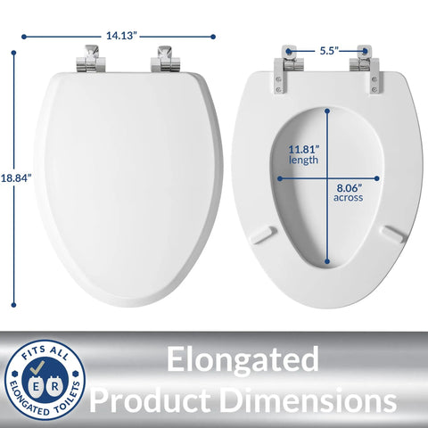 Toilet Seat With Chrome Hinges, Slow Close Wood Seat, Easy Install, Elongated White, Made In USA, fit dimensions 14.13x18.84 in