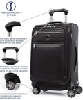 Front view of Travelpro Platinum Elite 21-inch softside carry-on in shadow black with 8-wheel spinner and USB port.