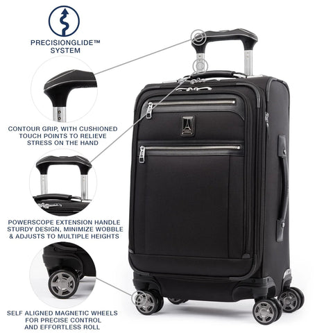 Front view of Travelpro Platinum Elite 21-inch softside carry-on in shadow black with 8-wheel spinner and USB port.