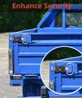 Four Pack Heavy Duty Stainless Steel Spring Latch Lock For Trucks And Trailers Rock Solid Weld On Gate Design With Five Eighth Inch Bolt Built To Last Road Hauls secured on a blue truck bed.
