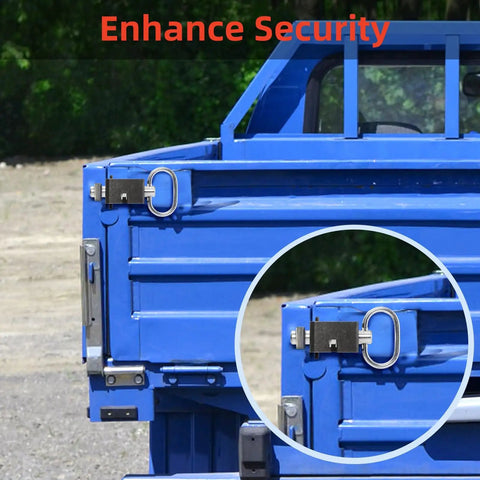 Four Pack Heavy Duty Stainless Steel Spring Latch Lock For Trucks And Trailers Rock Solid Weld On Gate Design With Five Eighth Inch Bolt Built To Last Road Hauls secured on a blue truck bed.