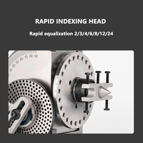 Rock Solid Three Jaw Chuck And Precision Dividing Head Kit With Smooth Rotary Indexing Table and Heavy Duty Tailstock close-up of rapid indexing head.