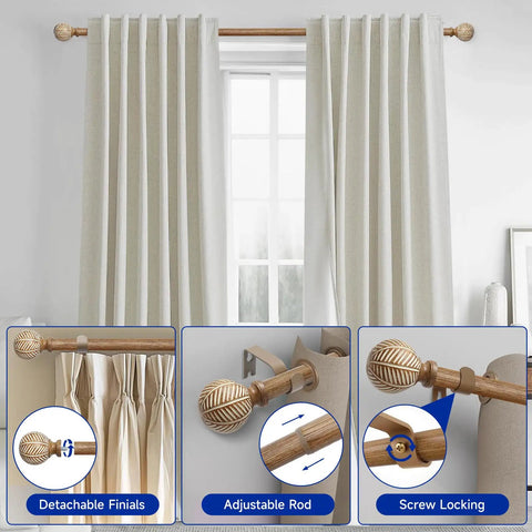 Heavy Duty Adjustable Wood Curtain Rods 1 Inch Diameter 48 to 86 Inches with Imitation Wood Grain Leaf Pattern Finials for Windows