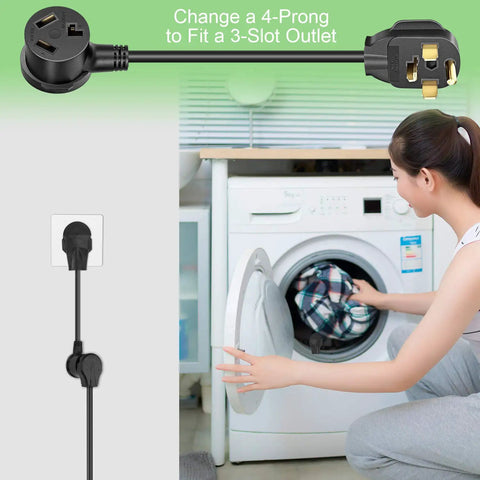 DIY Dryer Outlet Adapter Ideal For Moving Into A New House Converts 14-30P Four Prong Dryer Plug To 10-30R Three Prong Outlet No Electrician Needed Quick Plug Converter For Easy At Home Laundry Setup shown in use with laundry dryer and washer