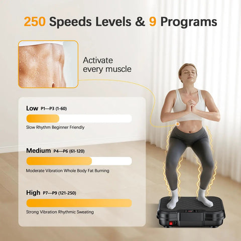 Woman using Vibration Plate Exercise Machine For Home Workouts No Gym Needed Platform With 250 Speeds And 500 Lb Capacity