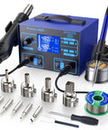 2-In-1 Soldering And Hot Air Rework Station with large LCD display, soldering iron, hot air gun, and accessories shown.