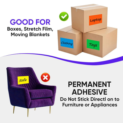 Big 5x3 Inch Blank Labels For Storage Bins, 240 Pack With 10 Colors Writable Labels on boxes and a sofa