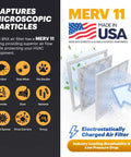 Infographic showing MERV 11 air filter benefits like capturing pollen, dust, pet dander, smoke; labeled Made in USA.