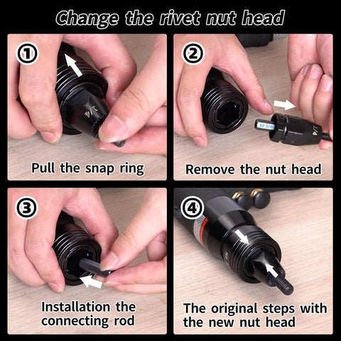 Steps to change head on Heavy Duty Pneumatic Rivet Nut Puller Kit With Self Locking Head And Built For Tough Jobs Complete Riveting Set