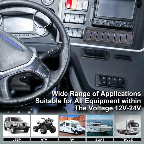 Dashboard showing the Beefy 8 Gang Waterproof Aluminum Switch Panel with 12V 24V rocker switches for automotive use.