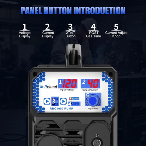 Front view of control panel for Plug And Play Plasma Cutter With Built In Air Compressor, 40A 120V IGBT Inverter Digital Cutting Machine.