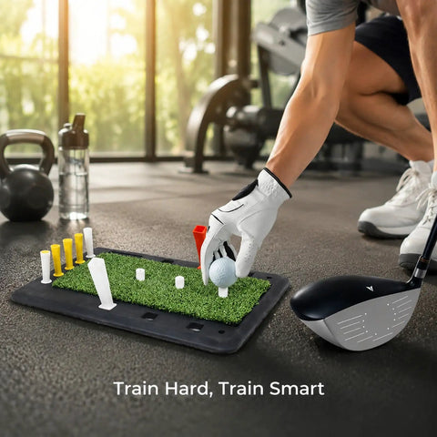 Golfer using Pro-Grade Swing Training Mat For Golf Practice Rubber Hitting Pad, portable stable turf for indoor outdoor use.