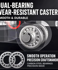 Close-up of dual-bearing wear-resistant casters highlighting smooth operation and precision craftsmanship features.
