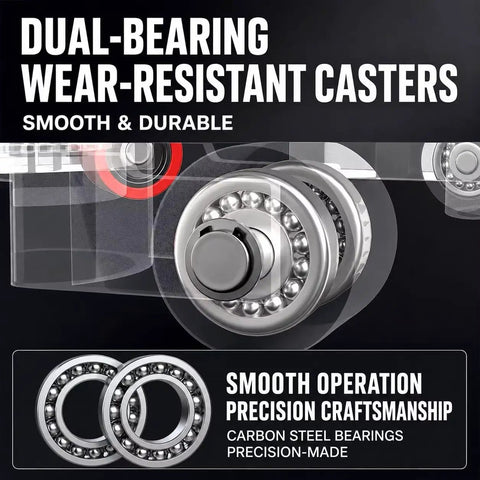 Close-up of dual-bearing wear-resistant casters highlighting smooth operation and precision craftsmanship features.