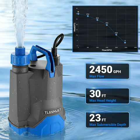Submersible Water Pump 1/3 HP 2450 GPH Portable Electric Transfer Pump For Pool Basement Flood Garden Pond Draining Thermoplastic Clean Water
