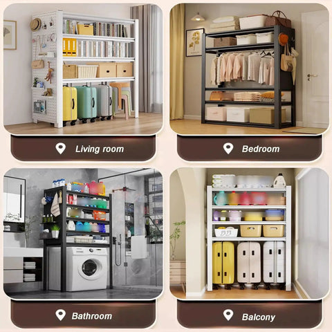 Industrial Grade 3 Tier Metal Storage Shelving Unit Made From Thick Cold Rolled Carbon Steel For Heavy Duty Garage Shelf Use Featuring Rust Resistant And Wobble Free Design With One Piece Uprights To Crush Your Clutter Game in living room with colorful suitcases.