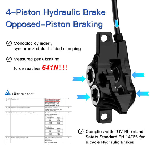 Side view of black ZTZ IIIPRO E4 4-piston MTB hydraulic brake caliper with hose