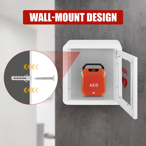 Tripolss AED wall-mount cabinet in white steel with magnetic door and embedded handle; orange AED unit inside.