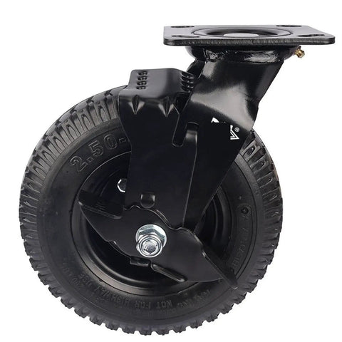 Premium No Sweat 8 Inch Pneumatic Rubber Caster With Side Brake, black wheel with sturdy metal bracket for heavy duty use.