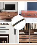 Three Piece Leather Wrapped Drawer And Cabinet Handles Set In Brown Zinc Alloy Finish shown on furniture and luggage