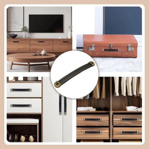 Three Piece Leather Wrapped Drawer And Cabinet Handles Set In Brown Zinc Alloy Finish shown on furniture and luggage