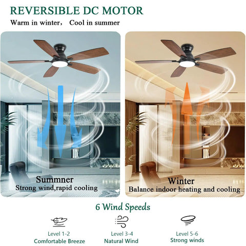 Low Profile 52 Inch Brown Ceiling Fan With Lights Remote And App Control DC Motor Quiet Flush Mount For Bedroom Indoor Outdoor Use Dimmable Lights 6 Speeds Timers shown in summer and winter setting.