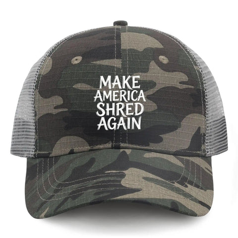 Camouflage trucker cap with 'Make America Shred Again' text on the front.