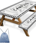Three Piece Picnic Table Cover Set With Bench Covers, Elastic Edges, Farm Plaid Fitted Tablecloth, 72 Inch Outdoor Patio Camping Essentials, Waterproof And Windproof, Includes Drawstring Storage Bag displayed on wooden picnic table and benches.