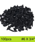 Size 6 By Three Quarter Inch Black Flat Head Phillips Wood Screws 100 Piece Pack Tough As Nails Carbon Steel in a pile.