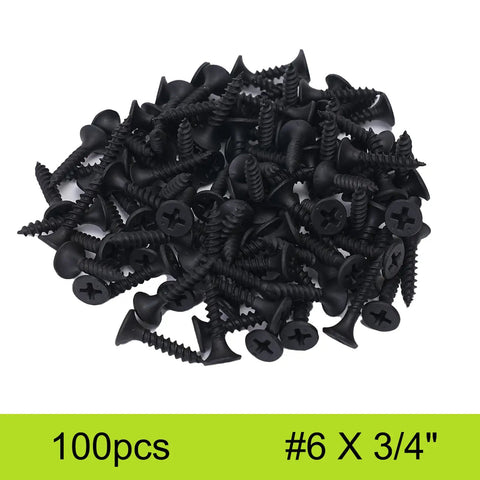 Size 6 By Three Quarter Inch Black Flat Head Phillips Wood Screws 100 Piece Pack Tough As Nails Carbon Steel in a pile.