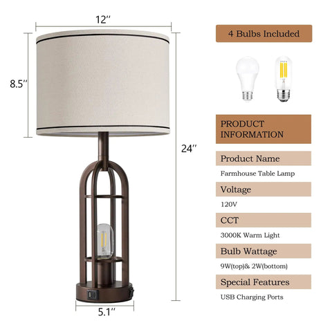 Farmhouse Style Table Lamps Set Of 2, 28 Inch Tall, 3 Way Dimmable Touch Lamps With Dual USB Ports, nightstand bedside lighting.