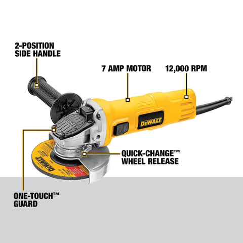 Side view of DEWALT 4-1/2-inch angle grinder with One-Touch guard, yellow body, 7-Amp motor, 12,000 RPM