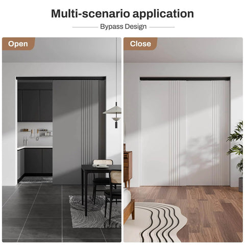 Image of installed 96-Inch Bypass Sliding Closet Door Hardware Track Kit for Soft Close Barn Doors, heavy-duty aluminum.