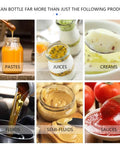 Image showcasing various products that can be bottled, including pastes, juices, creams, fluids, semi-fluids, and sauces.