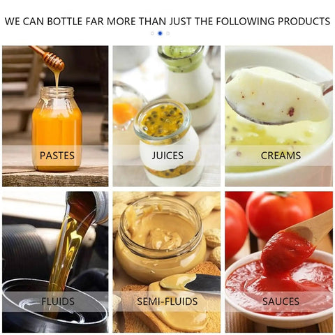 Image showcasing various products that can be bottled, including pastes, juices, creams, fluids, semi-fluids, and sauces.