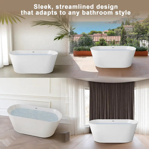 Hella Spacious Freestanding Acrylic Bathtub, Gloss White Stand Alone Soaker With Smooth Double Wall Insulation, Sweet No Hassle Installation, Top Shelf Bathroom Vibe And Slick Chrome Drain For Ultimate Chill Vibes in various stylish settings.
