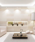Contemporary living room illuminated by commercial grade LED PAR38 flood light bulbs, bright and inviting atmosphere